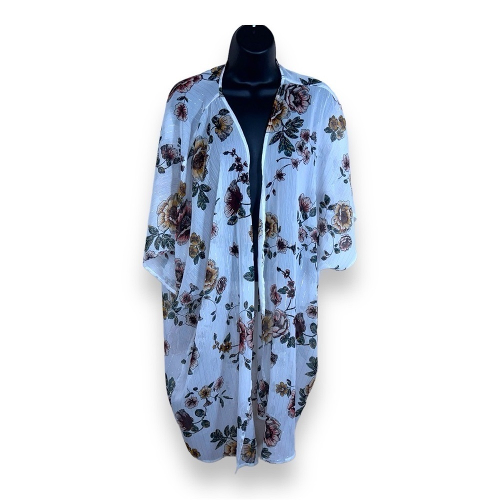1X MAURICES WHITE GOLD SHIMMER FLORAL SHEER SHRUG LIGHTWEIGHT BOHO KIMONO